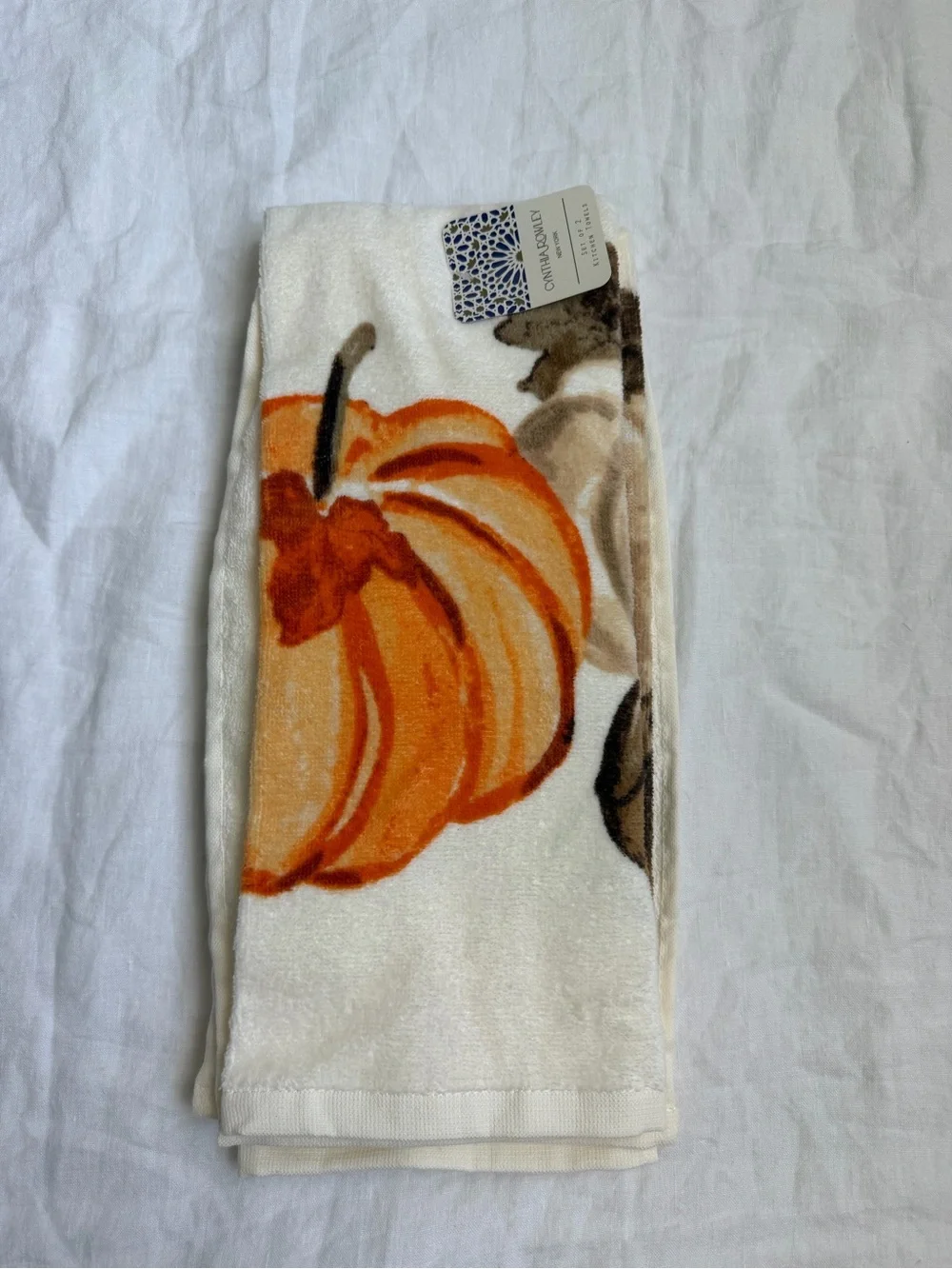 Cynthia Rowley Cream Kitchen Towel with Orange Pumpkin Motif - 2 Set